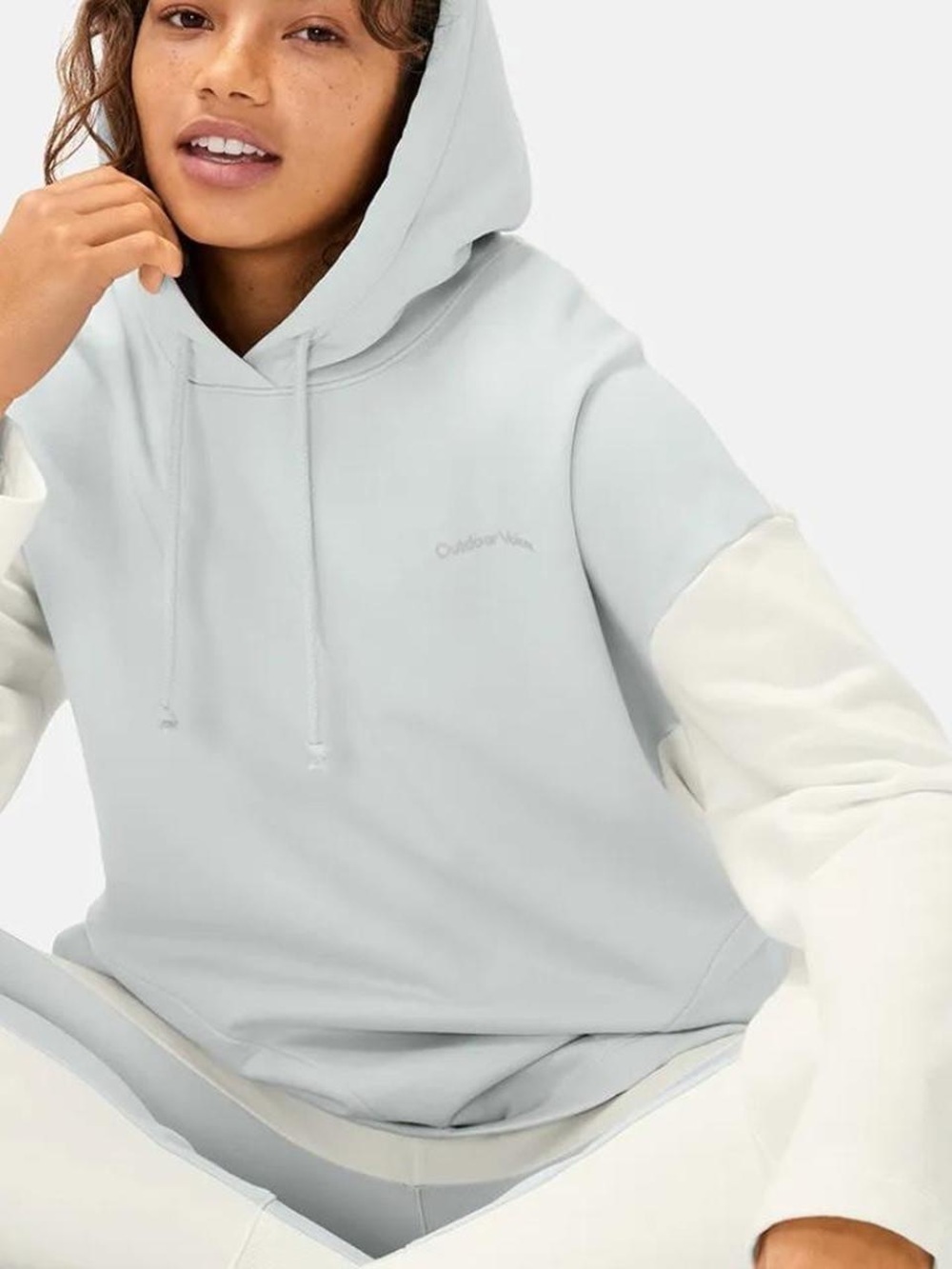 Outdoor Voices Long Sleeve Cream Blue Soft Cotton Colorblock Hoodie Sweat Shirt